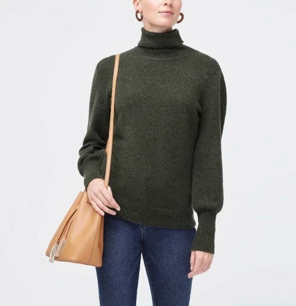 J. Crew Puff Sleeve Sweater in Extra-Soft Yarn Olive Green AD248 Size M